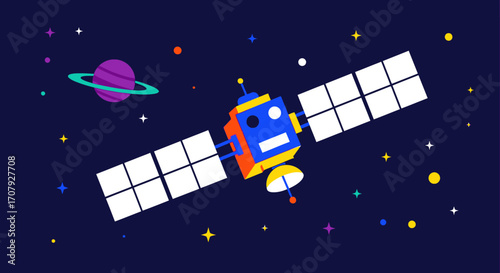 Colorful Satellite Illustration Orbiting in Space with Planet and Stars.