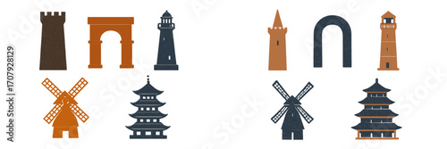 Stylized architectural landmarks featuring castle towers, arches, lighthouses, minarets, windmills, and pagodas