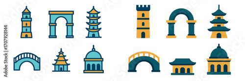 Set of iconic architectural structures and historical landmarks featuring towers, arches, pagodas, bridges, and domes