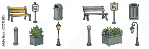 Urban street furniture set with benches, bus stop signs, trash cans, bollards, planters, and street lamps