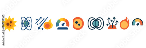Collection of science and energy themed icons including solar, planetary magnetic fields, heat, and performance indicators