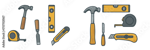 Collection of essential hand tools for construction, carpentry, and DIY projects including hammers, chisels, tape measures, levels, and utility knives