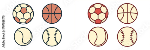 Stylized athletic equipment set with soccer, basketball, tennis, and baseball balls in a clean, modern design