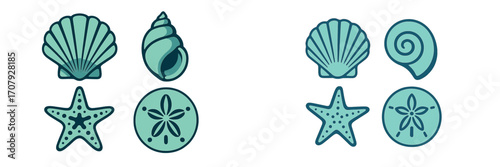Vibrant teal stylized ocean shells and sea creatures set featuring starfish, sand dollar, scallop, and conch