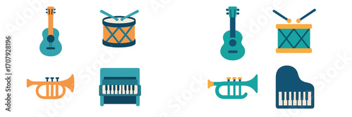 Vibrant collection of diverse musical instruments featuring guitars drums trumpets and pianos in a flat design