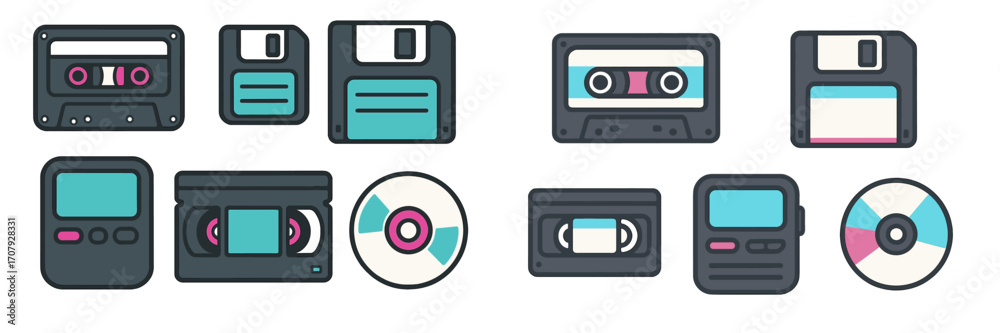 Fototapeta premium Collection of retro data storage devices including floppy disks, cassette tapes, VHS tapes, and compact discs