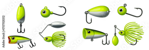Assortment of bright green and silver fishing lures, jigs, and hooks for freshwater and saltwater angling