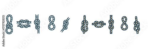 Set of diverse rope knots including figure eight, square, and cleat hitch for maritime activities and outdoor adventures