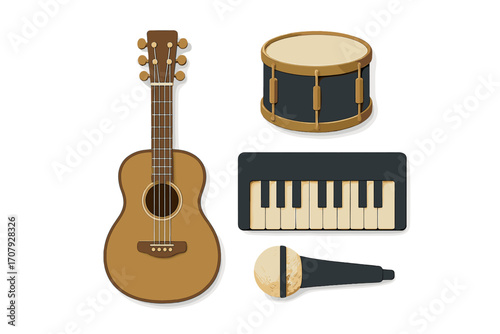Diverse collection of musical instruments including guitar, drum, keyboard, and microphone for various music concepts