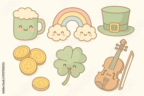Adorable St Patricks Day holiday symbols featuring a beer mug rainbow leprechaun hat gold coins and lucky clover
