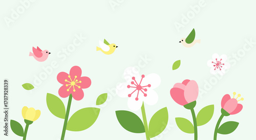 Cute cartoon birds and flowers in a vibrant spring garden illustration.