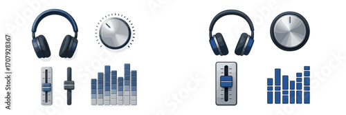 Collection of modern audio control elements featuring over-ear headphones, a rotary volume knob, and graphic sound equalizer sliders