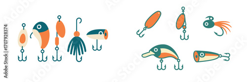 Modern stylized colorful fishing lures and hooks for recreational angling, featuring various bait designs and tackle elements