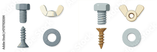 Assortment of metal fasteners including bolts, screws, wing nuts, and washers for construction and repair projects