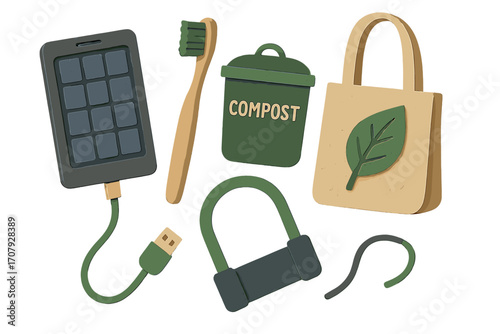 Sustainable lifestyle objects including smartphone, toothbrush, compost bin, reusable bag, and bike lock