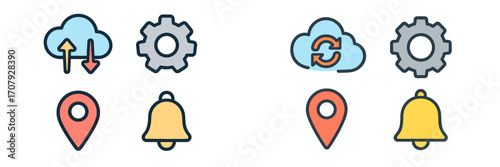 Cloud computing, data synchronization, system settings, location pin, and notification bell icons