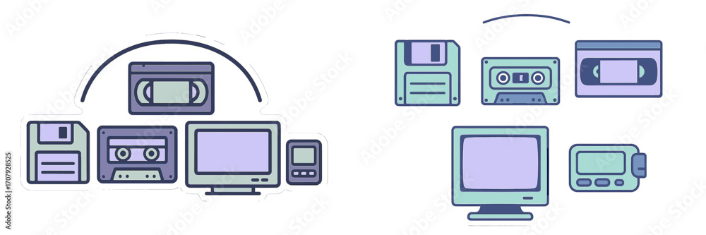 Fototapeta premium Vintage electronic devices and retro media storage from the 1980s and 1990s, including floppy disks, cassette tapes, VHS, CRT monitor, and pager
