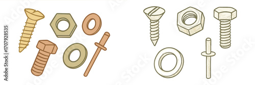 Assortment of metal fasteners including screws, nuts, bolts, washers, and rivets for construction and repair