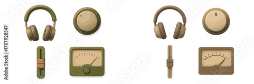 Audio equipment controls set with headphones, volume knobs, sliders, and analog meters in two color palettes