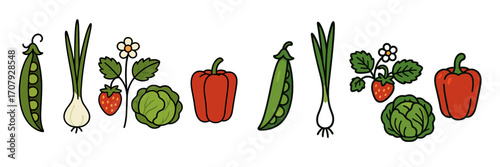Colorful collection of fresh garden vegetables and fruits including peas, spring onions, strawberries, cabbage, and bell peppers