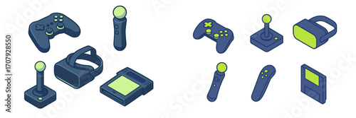 Isometric video game controllers, virtual reality headsets, and retro gaming accessories on white