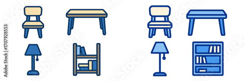 Modern home furniture icons collection featuring chairs, tables, lamps, and bookshelves for interior design projects