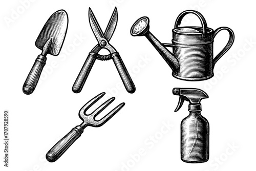 Collection of essential gardening tools including trowel, shears, watering can, hand fork, and spray bottle