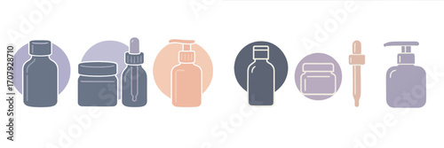 Diverse range of minimalist beauty and personal care product containers including bottles jars and droppers