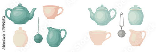 Collection of charming pastel teapots, teacups, sugar bowls, creamers, and tea infusers for hot beverage service