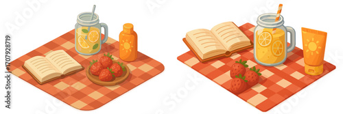 Summer picnic essentials with refreshing lemonade, ripe strawberries, an open book, and sunscreen on a checkered blanket