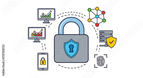 Cybersecurity concept with padlock and digital security elements.
