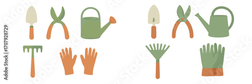 Assortment of essential gardening tools including trowel, pruning shears, watering can, rake, and protective gloves