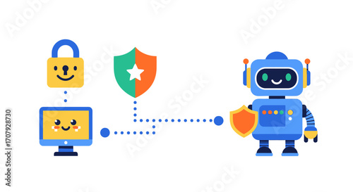 Cybersecurity Concept with Robot and Secure Computer System.