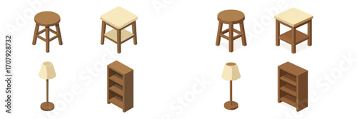 Isometric home furniture collection featuring wooden stools side tables floor lamp and bookshelf for interior design