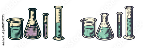 Assortment of laboratory glassware with colorful liquids for scientific experiments and chemical research