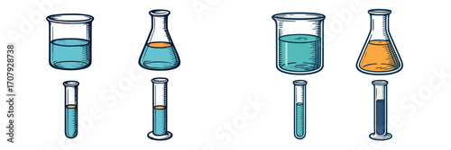 Scientific laboratory glassware with beakers, flasks, test tubes, and graduated cylinders filled with colored liquids