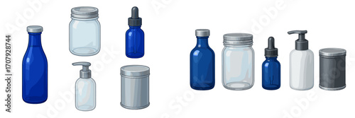 Collection of empty cosmetic and pharmaceutical packaging containers including dropper bottles, pump bottles, and jars for product mockups
