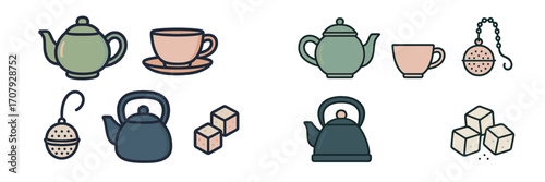 Various hot beverage accessories for brewing and serving tea, including teapots, cups, tea infusers, and sugar cubes