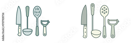 A set of essential kitchen cooking utensils including a chef knife, ladle, slotted spoon, and vegetable peeler for culinary tasks