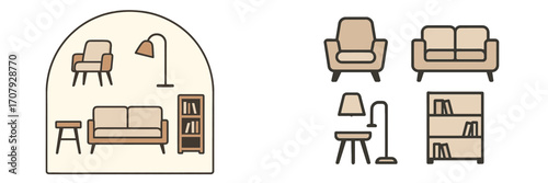 Modern living room furniture set with sofa, armchair, floor lamp, and bookshelf for home interior design