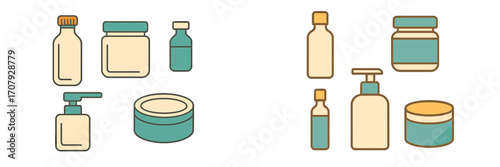 Various cosmetic and beauty product containers: bottles, jars, and pump dispensers for skincare and personal care packaging