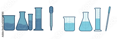 Various laboratory glassware and scientific instruments filled with blue liquid for chemistry experiments and research