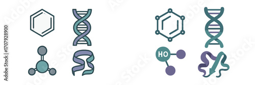 Fundamental scientific symbols and molecular structures for chemistry, biology, and genetic research applications