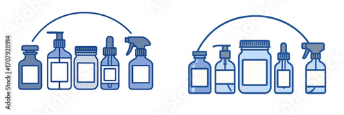 Collection of diverse blue bottles and containers for cosmetic, hygiene, and cleaning products with blank labels