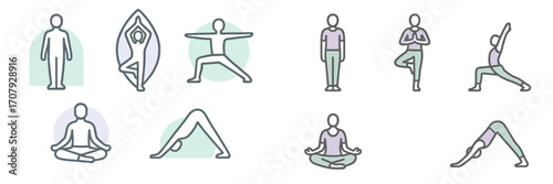 Set of various yoga postures and human body silhouettes representing fitness, meditation, and healthy lifestyle concepts