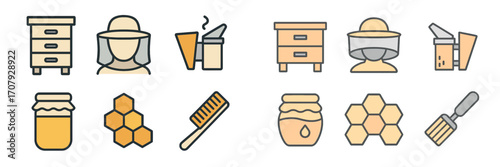 Collection of beekeeping tools, protective gear, beehives, honey jars, and honeycomb elements for apiary design