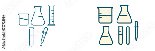 Various laboratory glassware and scientific tools including beakers, flasks, test tubes, and droppers for chemical analysis