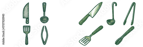 Comprehensive assortment of various kitchen tools and utensils, including chef knives, slotted spatulas, soup ladles, and serving tongs, essential for culinary use and food preparation