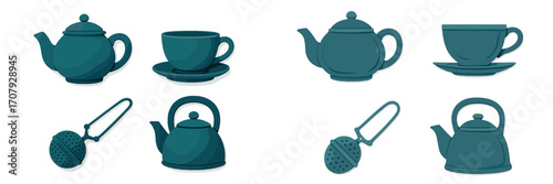 Stylized collection of teal teapots, teacups with saucers, and tea infusers for brewing and serving hot beverages