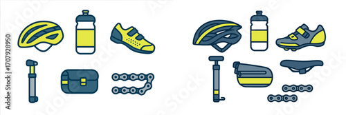 Essential cycling gear collection featuring helmet, shoes, water bottle, pump, saddle bag, and bicycle chain for riders